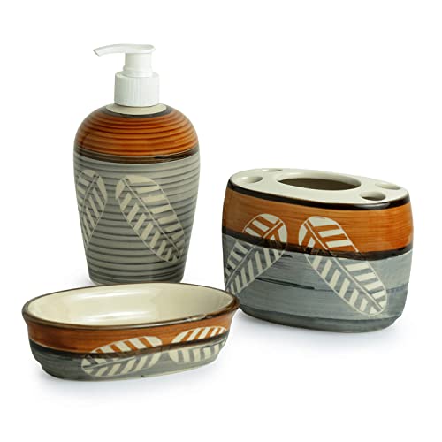 Exclusivelane Ceramic Bath Decor Bathroom Accessory Set Of 3 (Liquid Soap Dispenser, Toothbrush Holder, Soap Tray) (El-022-018),